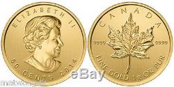 1 gram 50 cents GOLD MAPLE LEAF COIN CANADA. 9999 BULLION 2014 2015, or 2016