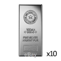 10 x 100 oz Silver Bar Royal Canadian Mint