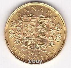 1913 CANADA GOLD $5 GEORGE V Five Dollar COIN