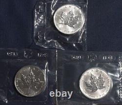 1988, 1989, 1990 $5 Maple Leaf. 9999 Fine Silver Rcm Ogp 1 Oz 3 Coins L-181001