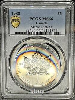 1988 $5 Maple Leaf/Ag MS66 PCGS Colorful Rainbow Toned $5 Canada Queen Elizabeth