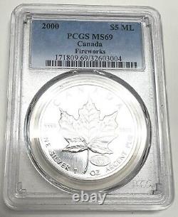 2000 Fireworks Privy Mark Canada Maple Leaf Silver $5 MS 69 PCGS Pop 7 1oz 9999