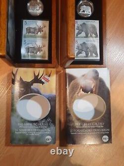 2004 Canada $8 Grizzly Bear $5 Majestic Moose. 999 Silver Coin Stamp Sets 2x Lot