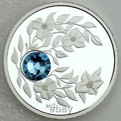 2012 $3 March Birthstone Aquamarine Pure Silver Proof Coin, Swarovski Crystal