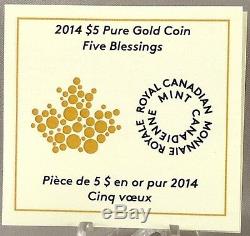 2014 $5 Five Blessings, Chinese Symbol of Wish Good Fortune 1/10 oz Pure Gold