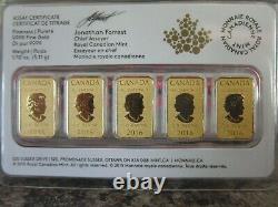 2016 1/10 oz $25 GOLD BARS, ROYAL CANADIAN MINT, 5 in a Package, Never Opened