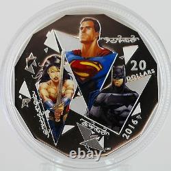2016 $20 Batman vs Superman Dawn of Justice Trinity 1 oz Pure Silver Color PR
