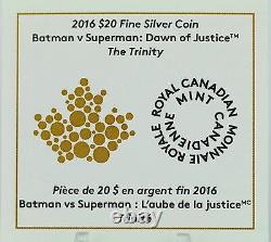 2016 $20 Batman vs Superman Dawn of Justice Trinity 1 oz Pure Silver Color PR