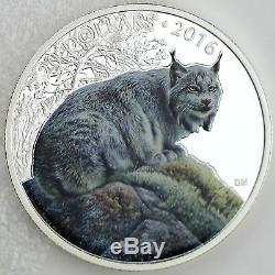 2016 $20 Majestic Animal Series Commanding Canada Lynx, Pure Silver Color Proof