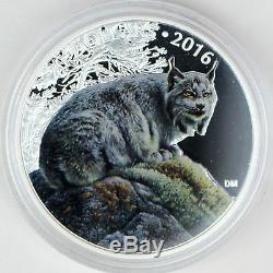2016 $20 Majestic Animal Series Commanding Canada Lynx, Pure Silver Color Proof