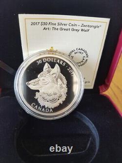 2017 Canada $30 Silver Coin Zentangle Art Great Grey Wolf