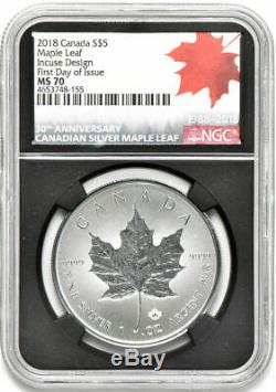 2018 $5 Canada Silver Maple Leaf-incuse Design-ngc Ms 70-fdoi-30th Anniversary