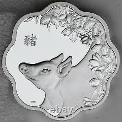 2019 $15 Year of the Pig Chinese Lunar Zodiac, Lotus Shaped Pure Silver Proof