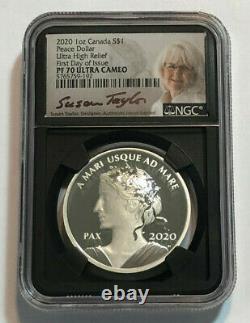 2020 1oz Canada $1 Silver Peace Dollar, UHR, First Day Issue, NGC, PF70 U Cameo