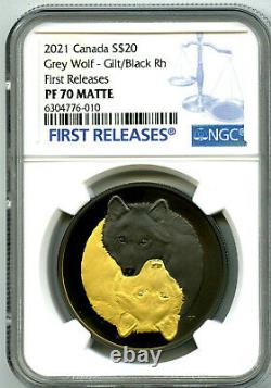 2021 $20 1oz Canada Grey Wolf Black & Gold Rhodium Ngc Pf70 Silver Proof Fr