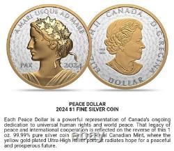2024 CANADA $1 PAX Peace Dollar Gold Playted 1oz. 9999 Pure Silver UHF Coin