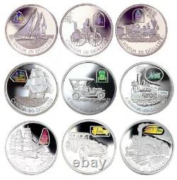 9x Coins 2000-2002 Canada Transportation Series Silver Proof $20 Hologram Set
