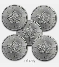 Canada 1 oz Silver Maple Leaf (UNCIRCULATED) Lot of 5 Coins. 9999 Fine Silver
