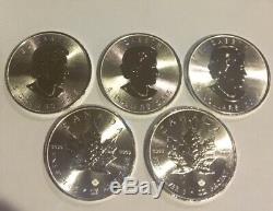 Lot of 5 2015 Canada 1 oz Silver Maple Leaf BU Coin Round