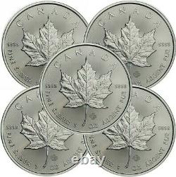 Lot of 5, 2021 1oz Canada Maple Leaf. 9999 Silver Coin, (Brilliant)