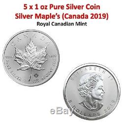 Lot of 5 x 1oz 2019 Canadian 1oz Silver Maple Leaf Coin (No Reserve)