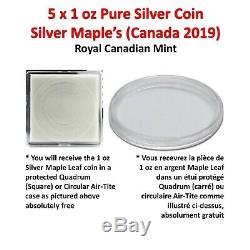 Lot of 5 x 1oz 2019 Canadian 1oz Silver Maple Leaf Coin (No Reserve)