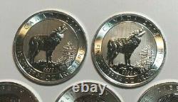 Lot of FIVE 2015 3/4 oz. 9999 Fine Silver $2 Canadian Silver Grey Wolf Coins BU