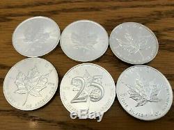 Lot of six Canadian maple leaf 1 oz silver coins (total 6 oz. 9999 pure silver)