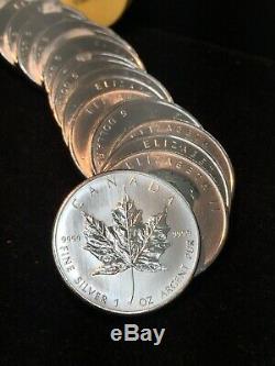 Roll of (25) 2008 $5 Canadian Maple Leafs. 9999 Fine Silver