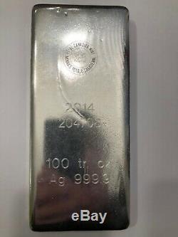 Silver Bullion Bar, 100 oz t, 0.9999 Purity (99.99%) Ag, Royal Canadian Mint