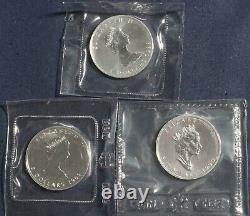 Three $5 Silver Maple Leaf Rcm Ogp (1988-1990) 1 Oz 0.9999 Fine Silver L-020430