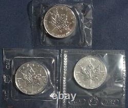 Three $5 Silver Maple Leaf Rcm Ogp (1988-1990) 1 Oz 0.9999 Fine Silver L-020430