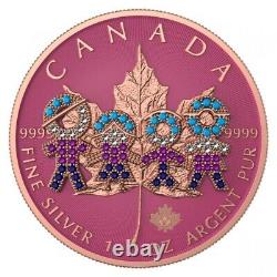 1 Pièce D'argent Oz 2021 5 $ Canada Feuille D'érable Grande Famille Rose Bejeweled Colored