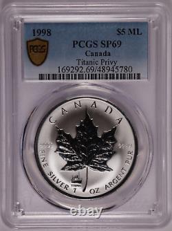 1988 Pièce d'argent canadienne de 5 dollars Feuille d'érable Titanic Privy PCGS SP 69