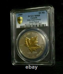 2008 Canada Maple Leaf Pcgs Ms68 Plaqué Or 20e Anniversaire 1 Oz Dorure D’argent