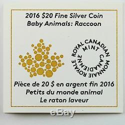 2016 20 $ Animaux Bébé Raton Laveur, 1 Oz 99,99% Pure Couleur Silver Coin Proof