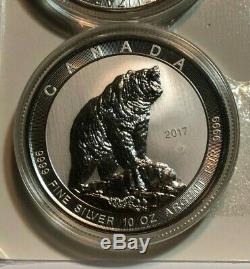 2017 50 $ Canada 10 Oz 9999 Fin Argent Grizzly Bear Coin, Bu Capsule