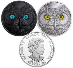 2017 Yeux Great Horned Owl 15 $ Pure Silver Proof Coin Canada Glow-in-dark