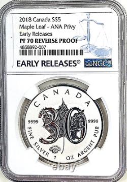 2018 Canada $5 Maple Leaf Reverse-proof 30th Anniversary Ana Privy Ngc Pf70 Er
