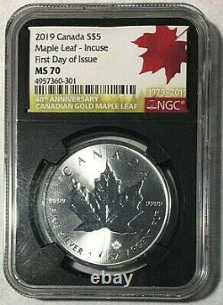 2019 Canada 5 $ Incus Maple Leaf Silver 1 Oz Ngc Ms70 Premier Jour D'élimination