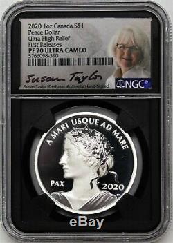 2020 $ 1 Argent Canada Peace Dollar Ultra High Relief Ngc Pf70 Uc Premières Versions