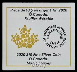 2020 10 $ Coin Fine Siver O Feuille D'érable Canadienne Avec Boîte Et Aco