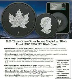2020 Canada $ 50 En Argent Feuille D'érable 3 Onces Incuse Noir Rhodium Ngc Pf70 Fdoi