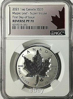 2021 Canada 20 $ Maple Leaf Silver 1 Oz Super Incuse Ngc Reverse Proof 70 Ide
