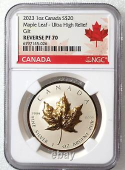 2023 20 $ Canada Feuille d'érable en argent Ultra Relief doré NGC Reverse PF70