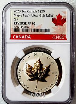 2023 20 $ Canada Feuille d'érable en argent Ultra Relief doré NGC Reverse PF70