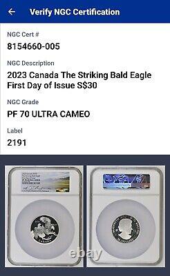 2023 Canada 30 $ 2 Oz Impressionnant Bald Eagle NGC PF70 UCAM FDOI Designer Signed