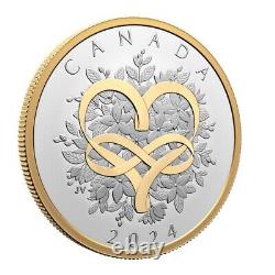 2024 CANADA 20$ CÉLÉBRER L'AMOUR. Pièce d'argent pur de 1 oz. 9999 avec placage d'or jaune