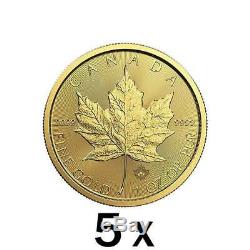 5 X 5 Oz 1 Oz D'or 2019 Feuille D'érable Coin Mrc. 9999 Au Monnaie Royale Canadienne