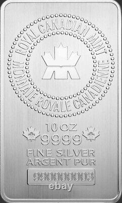 Barre d'argent de 10 onces de la Monnaie royale canadienne de 2023 en argent 9999 avec numéro de série et scellée.